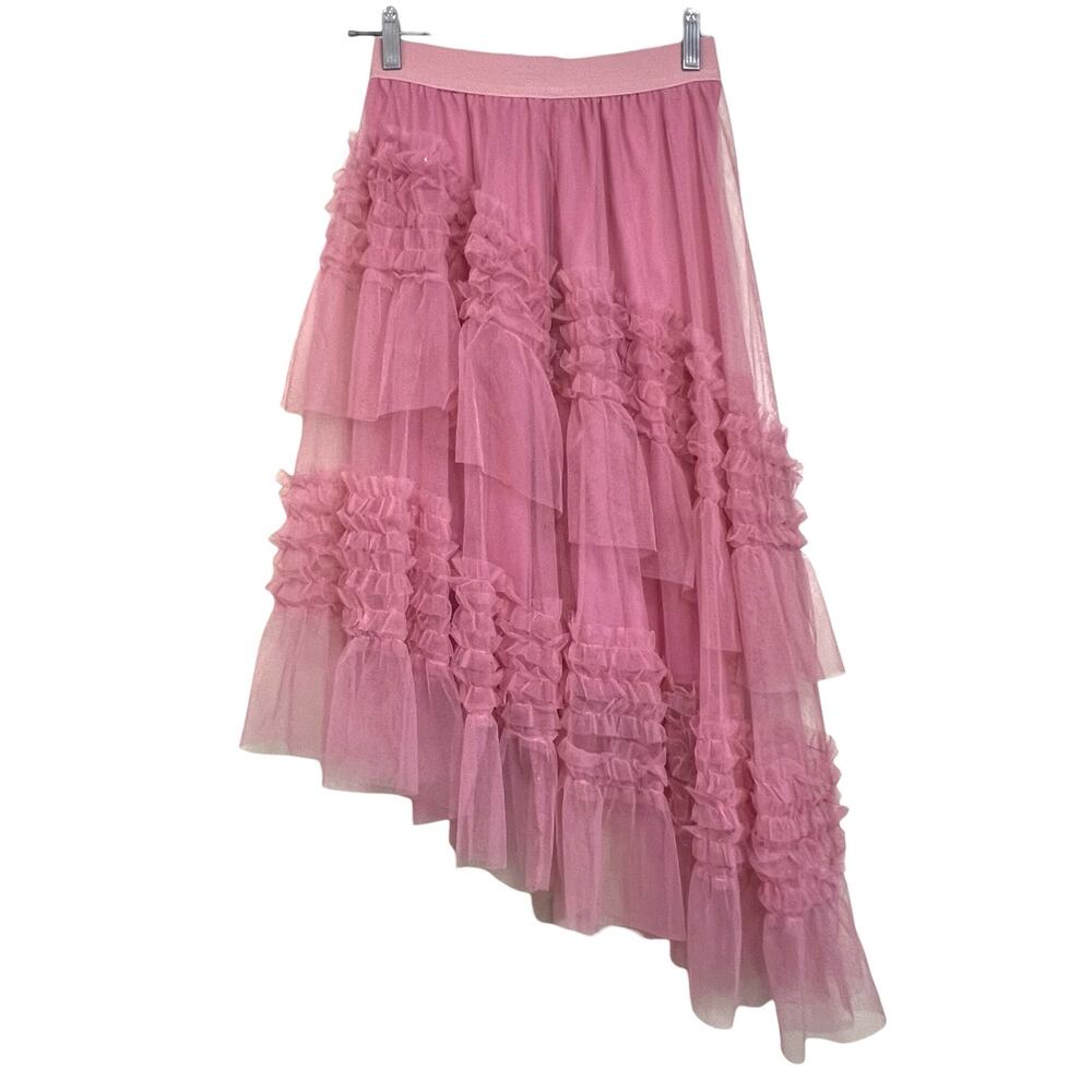 Chicwish Pink Asymmetrical Tulle Skirt Ruffle High Low Layered Fairy Midi Skirt